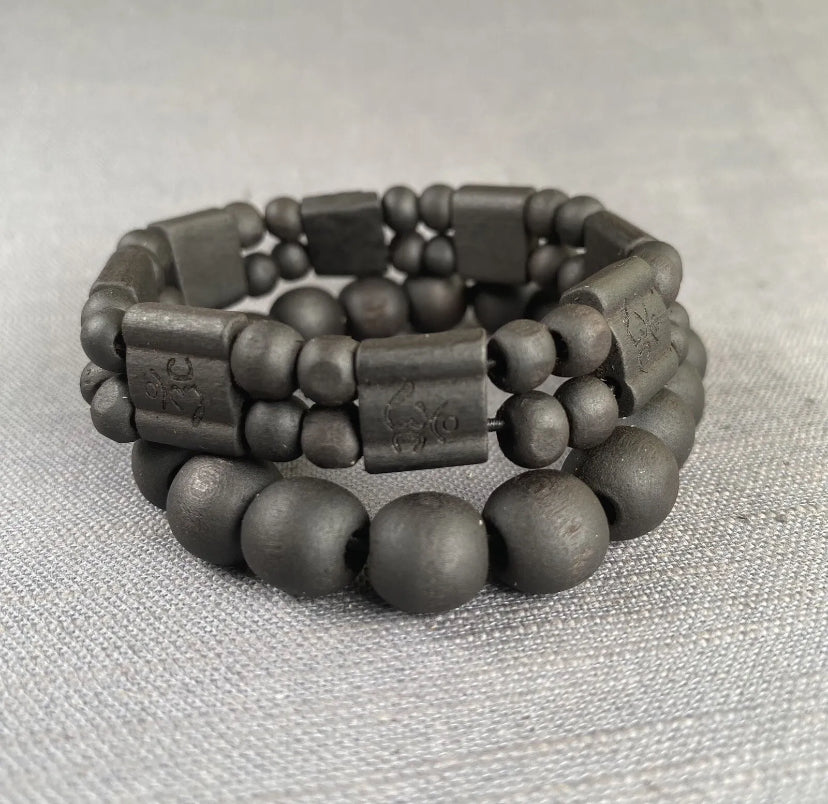OM Mantra Black Wooden 2-Row & Black Wooden Bead Bracelet Men Women Yoga 2PC Set