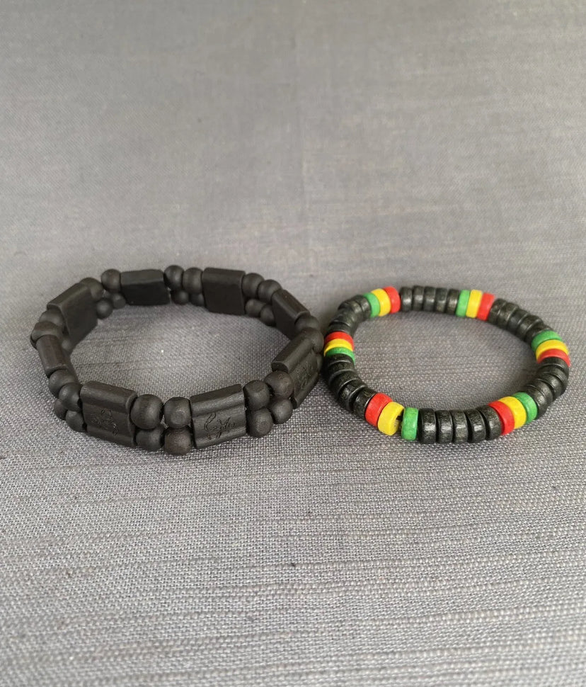 OM Mantra Black Wooden 2-Row & Rasta Wooden Bead Bracelet Men Women Yoga 2PC Set