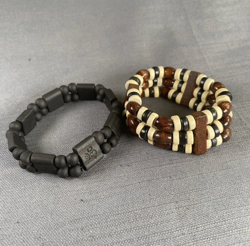 Black OM Mantra Carved & Brown/Beige/Black 3Row Wooden Bracelet Unisex 2PC Set 1