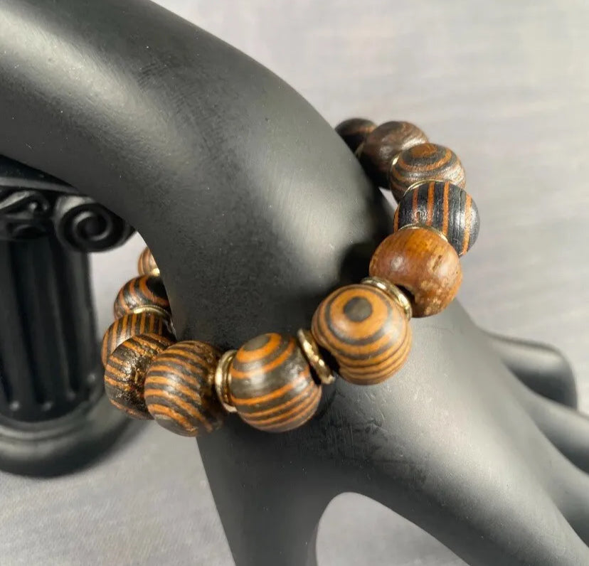 Tiger Eye Amber Wood With Gold Spacer & Lotus Flower Engraved/Carved Wooden 2 PC