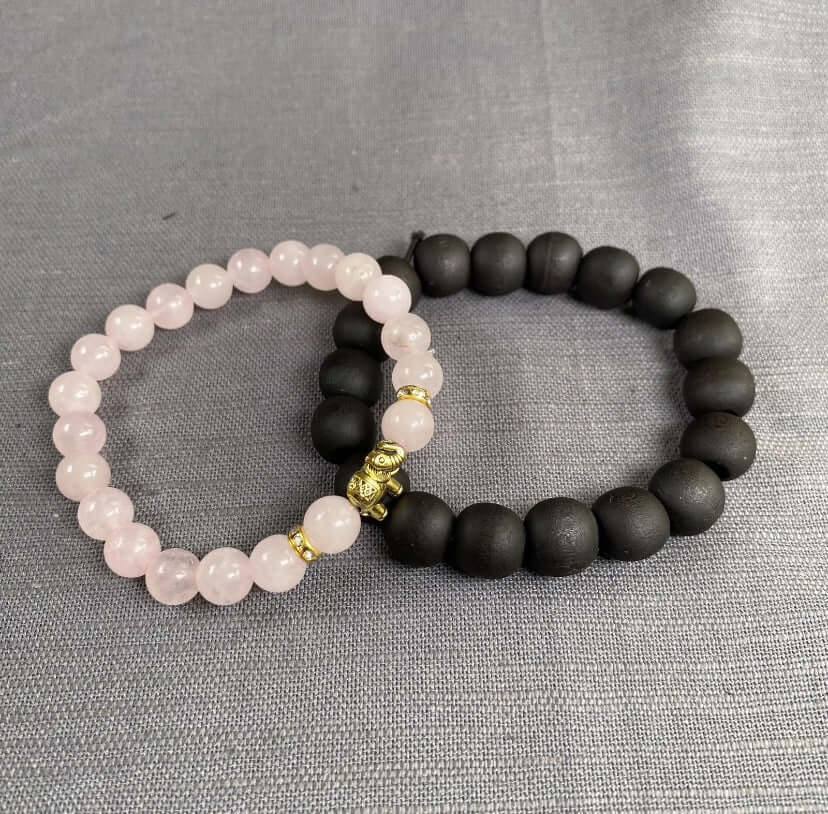 2PC Pink Natural Stone Gold Elephant Charm & Black Wooden Bead Bracelet Unisex