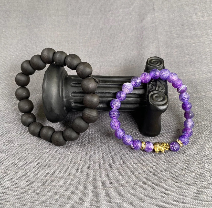 Purple Stone Gold Elephant Charm Black Wooden Bead bracelet Men Women 2pc Set