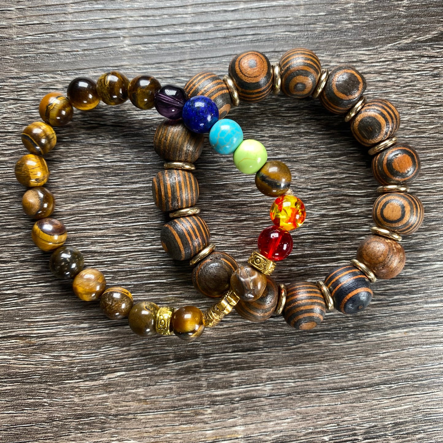 Tiger Eye Amber Wood With Gold Spacer & Tiger Eye Natural Stone Bead Bracelet 2pc Set