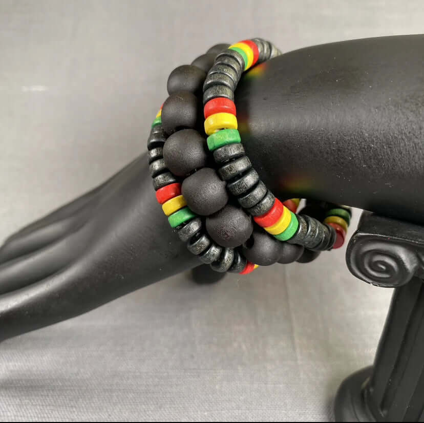 2 Rasta & 1 Black Wooden Stretchable Handmade Bracelet Men Women Unisex  3pc Set
