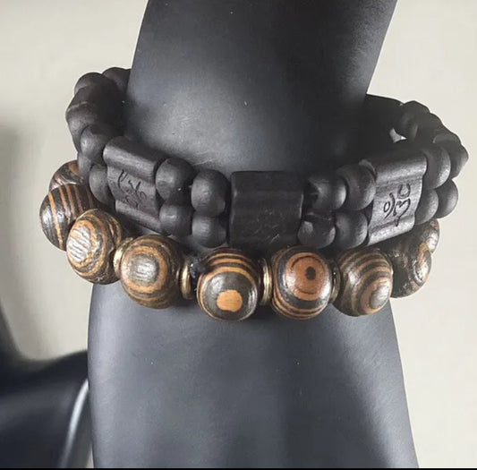 Tiger Eye Amber Wood With Gold Spacer & 2Row OM Mantra Black Wooden Bracelet 2PC