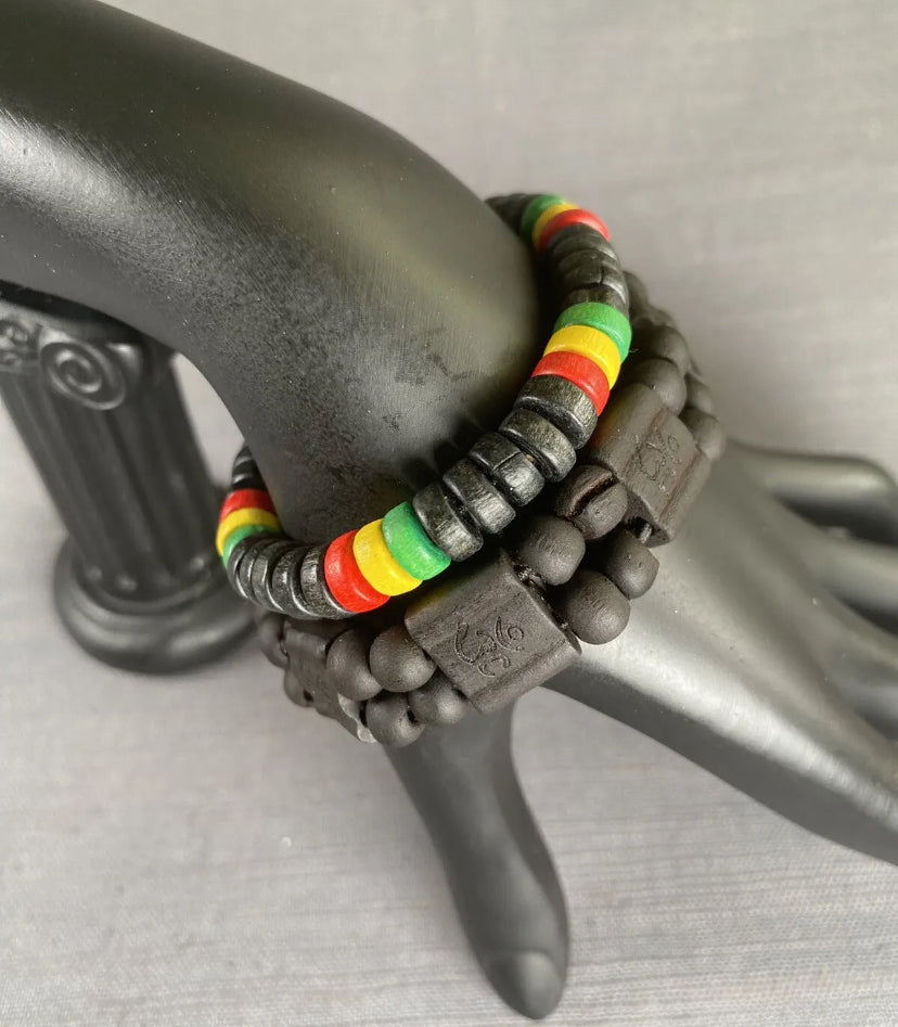 OM Mantra Black Wooden 2-Row & Rasta Wooden Bead Bracelet Men Women Yoga 2PC Set