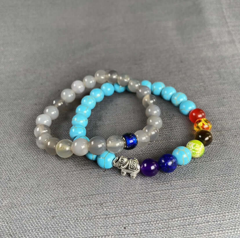 2PC Grey Stone Mood Color Change Charm and 7 Chakra Turquoise Stone Elephant Charm