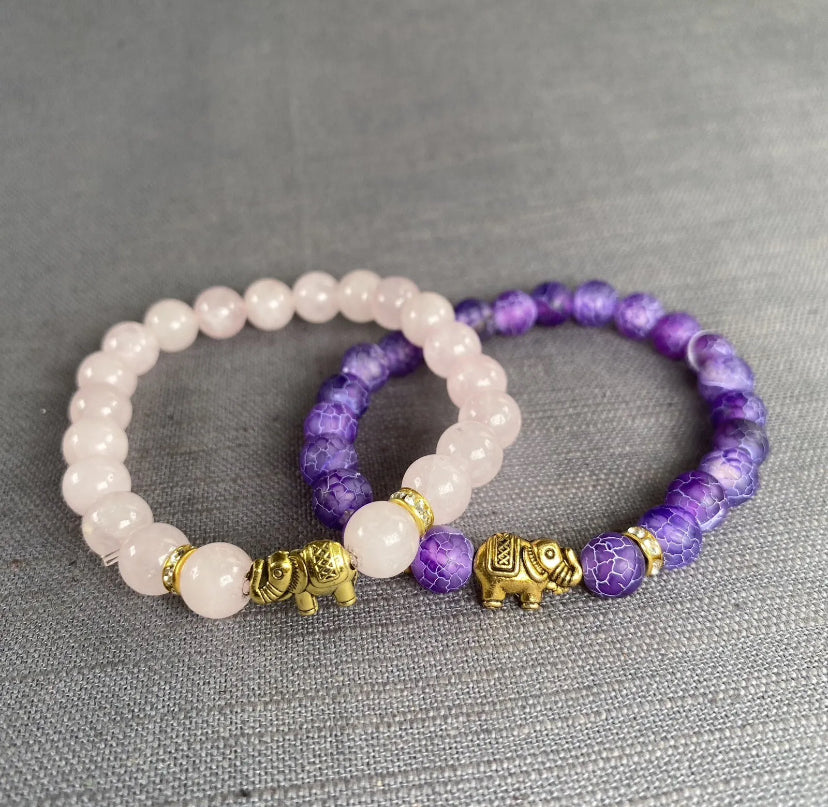 Pink & Purple Natural Stone w/Gold Elephant Charms Bracelet Men Women 2pc Set