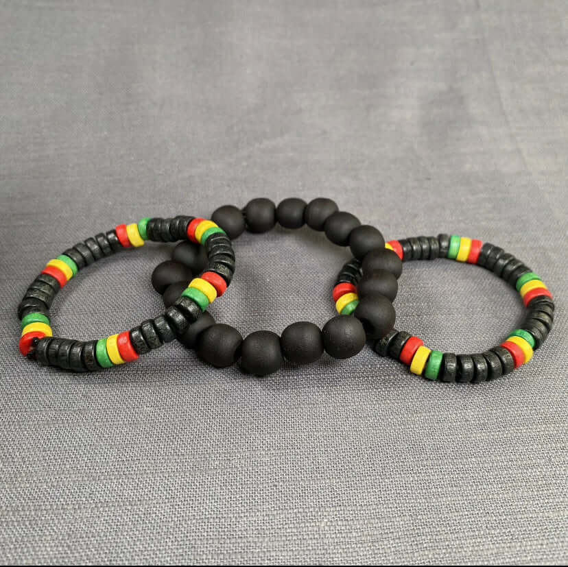 2 Rasta & 1 Black Wooden Stretchable Handmade Bracelet Men Women Unisex  3pc Set