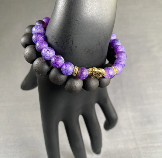 Purple Stone Gold Elephant Charm Black Wooden Bead bracelet Men Women 2pc Set