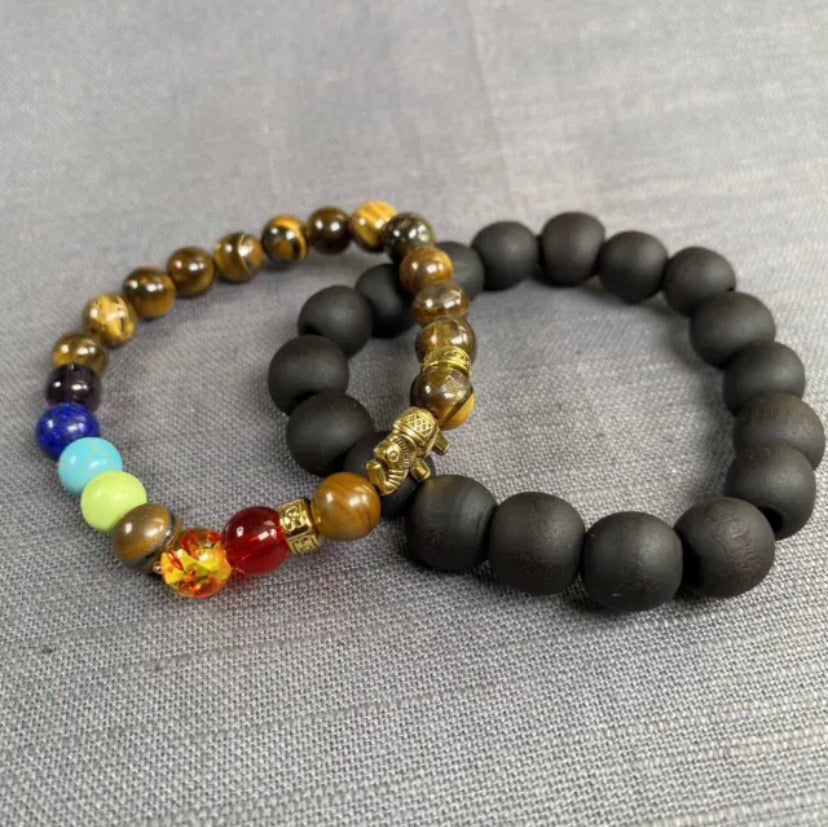 Tiger Eye Stone Gold Elephant 7 Chakra & Black Wooden Bracelet Men Women 2pc Set