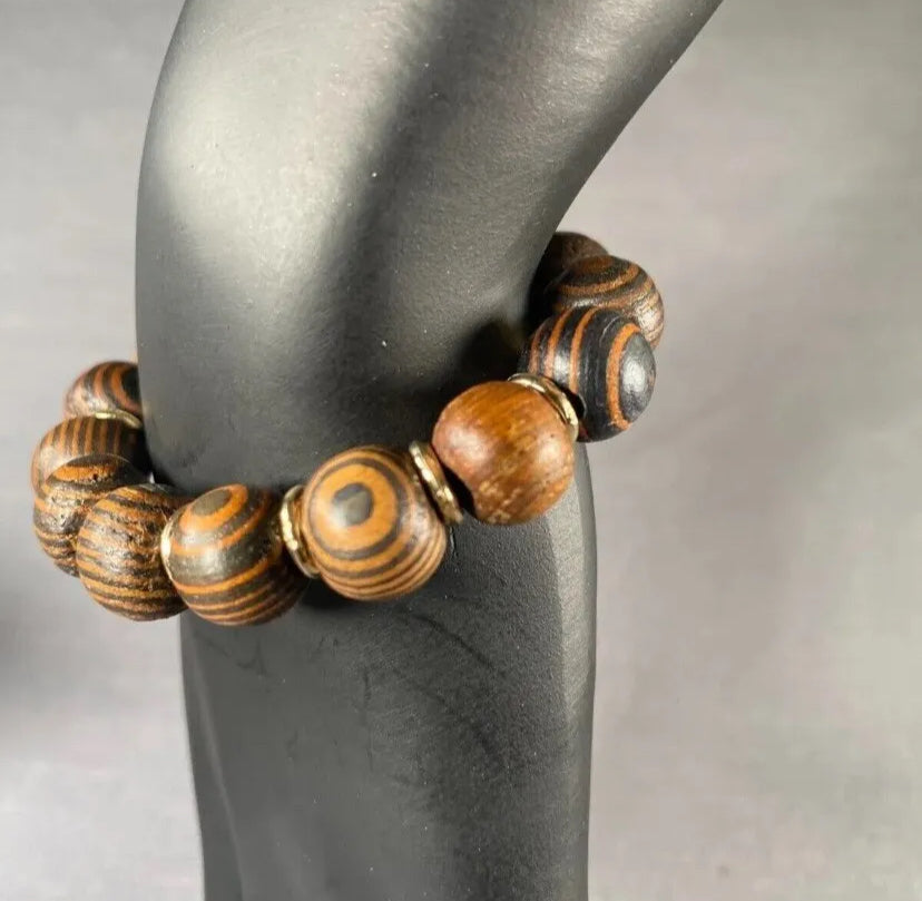 Tiger Eye Amber Wood With Gold Spacer & Black Wooden Bead Bracelet 2pc Set