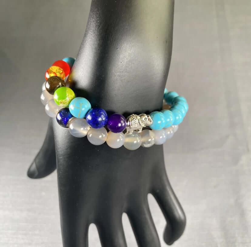 2PC Grey Stone Mood Color Change Charm and 7 Chakra Turquoise Stone Elephant Charm