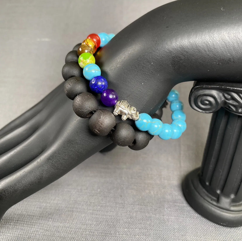 Turquoise Stone Seven Chakra & Black Wooden Bead Bracelet Unisex 2PC Set