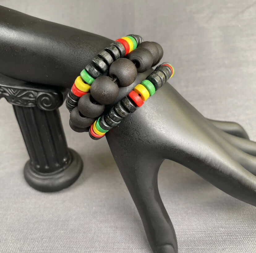 2 Rasta & 1 Black Wooden Stretchable Handmade Bracelet Men Women Unisex  3pc Set