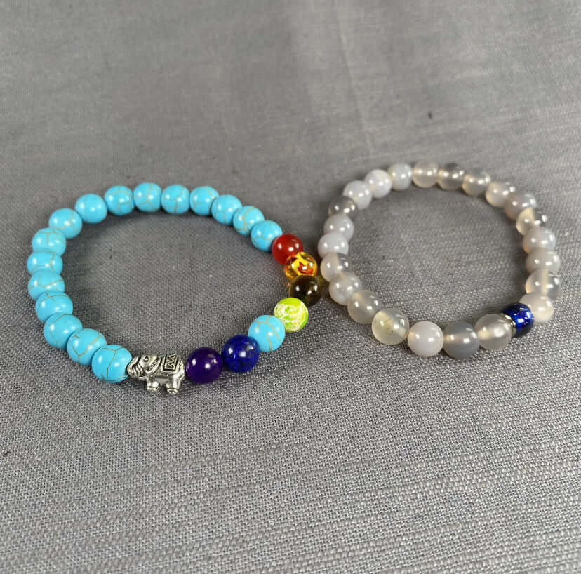 2PC Grey Stone Mood Color Change Charm and 7 Chakra Turquoise Stone Elephant Charm