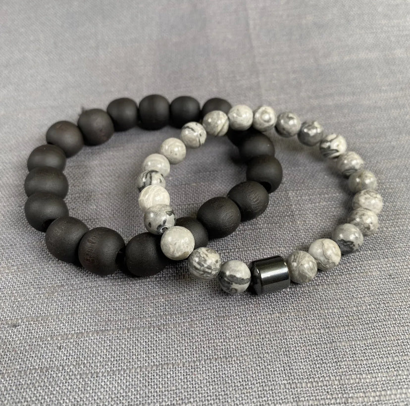 Charcoal Natural Stone w/Hematite Stone Charm & Black Wooden Bracelet Unisex 2PC