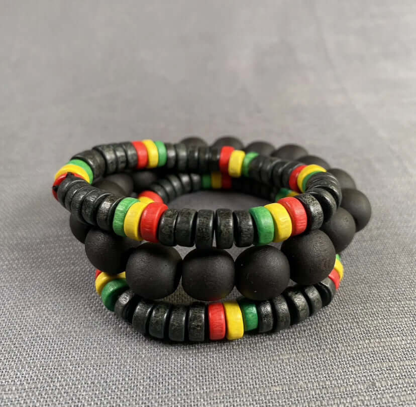 2 Rasta & 1 Black Wooden Stretchable Handmade Bracelet Men Women Unisex  3pc Set