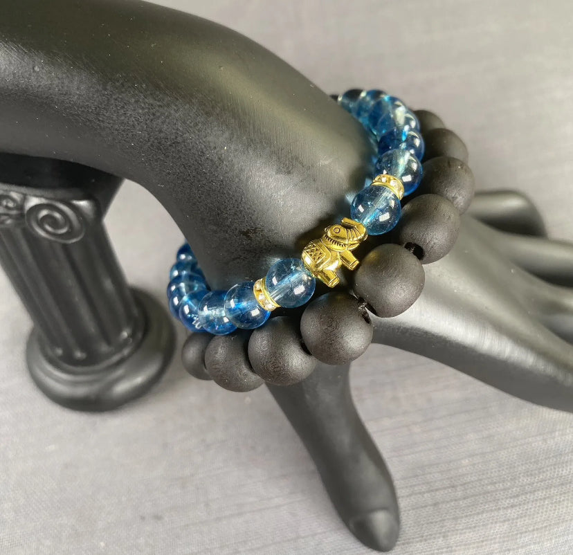 Blue Glass Bead Gold Elephant Charm & Black Wooden Bracelet Mens Women 2PC Set