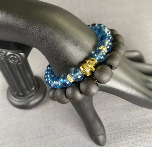 Blue Glass Bead Gold Elephant Charm & Black Wooden Bracelet Mens Women 2PC Set