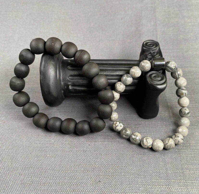 Charcoal Natural Stone w/Hematite Stone Charm & Black Wooden Bracelet Unisex 2PC