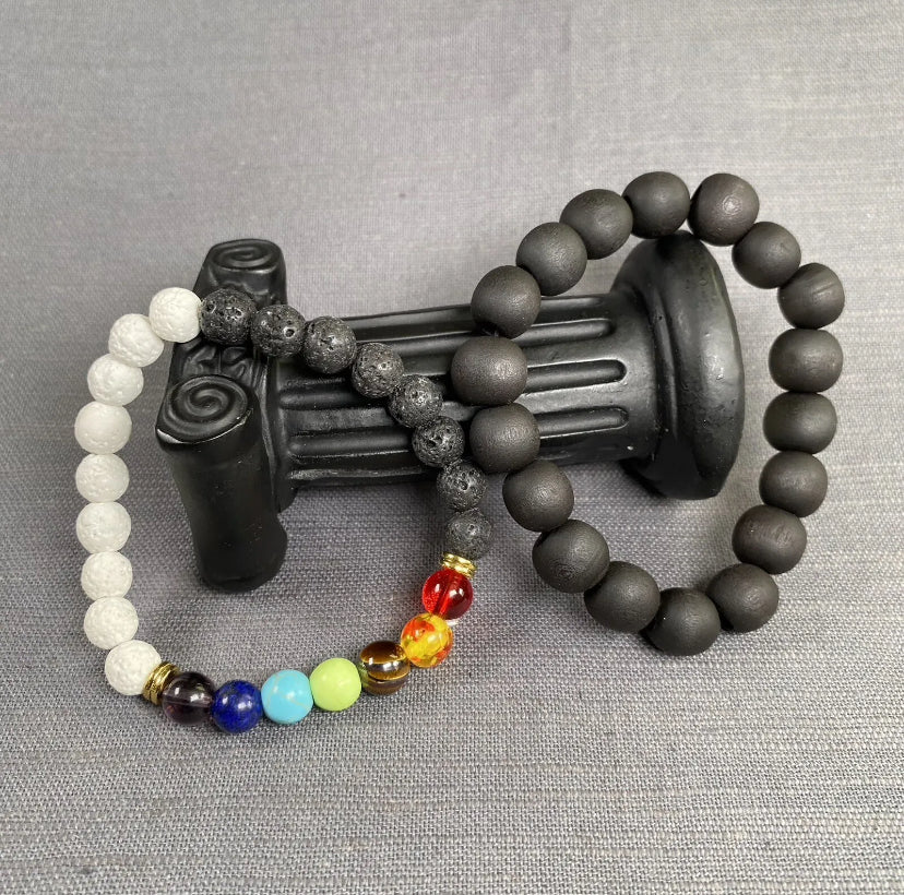 7 Chakra Black&White Lava Stone W/Gold Elephant Charm & Blk Wooden Bracelet 2pc