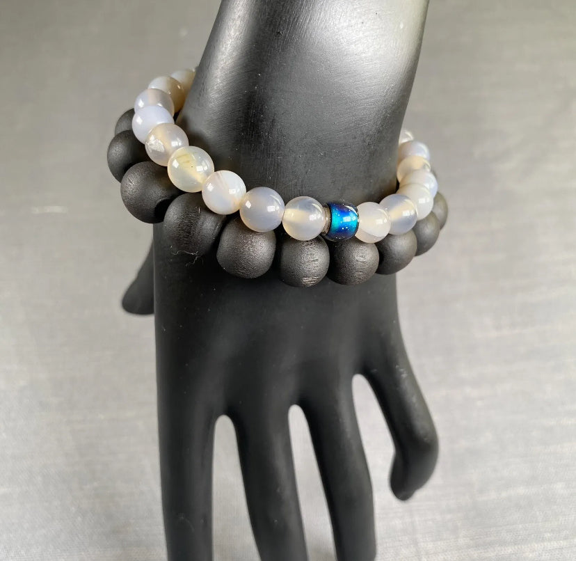 Grey Natural Stone Mood Color Changing Charm & Black Wooden Bracelet Unisex 2PC