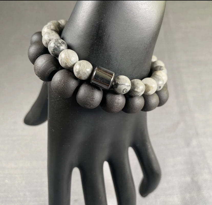 Charcoal Natural Stone w/Hematite Stone Charm & Black Wooden Bracelet Unisex 2PC