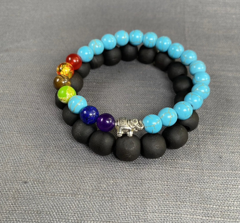 Turquoise Stone Seven Chakra & Black Wooden Bead Bracelet Unisex 2PC Set