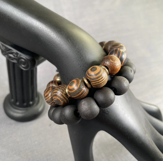 Tiger Eye Amber Wood With Gold Spacer & Black Wooden Bead Bracelet 2pc Set