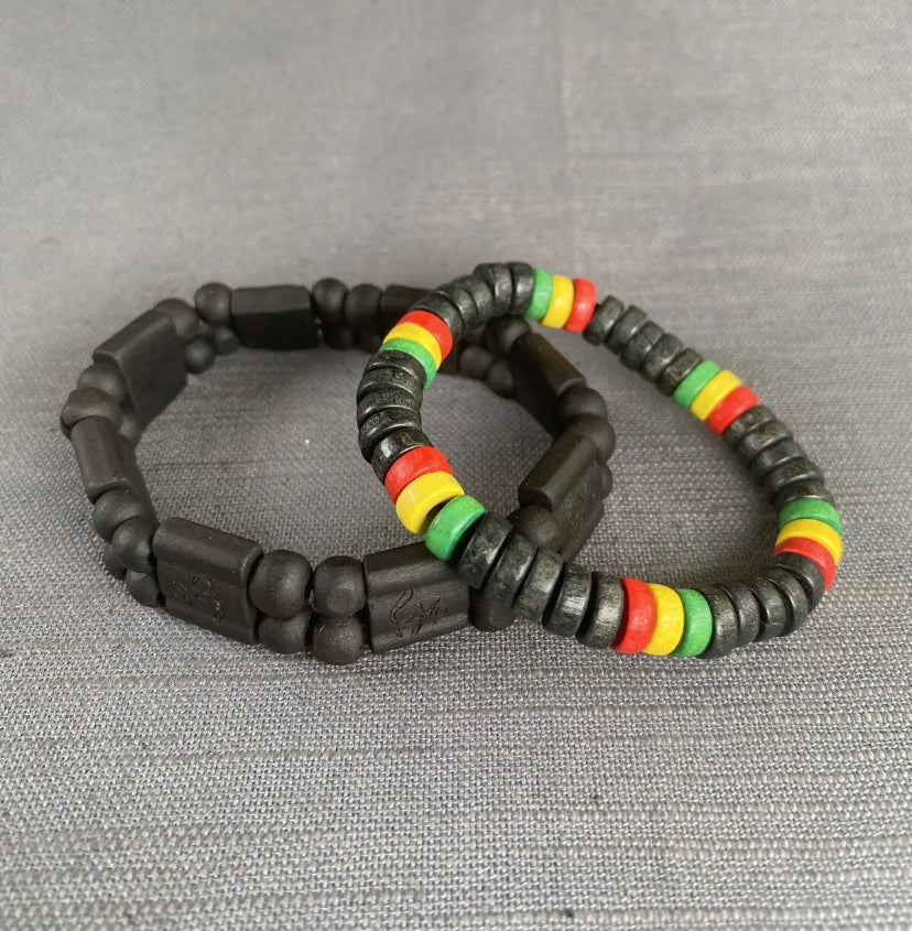 OM Mantra Black Wooden 2-Row & Rasta Wooden Bead Bracelet Men Women Yoga 2PC Set