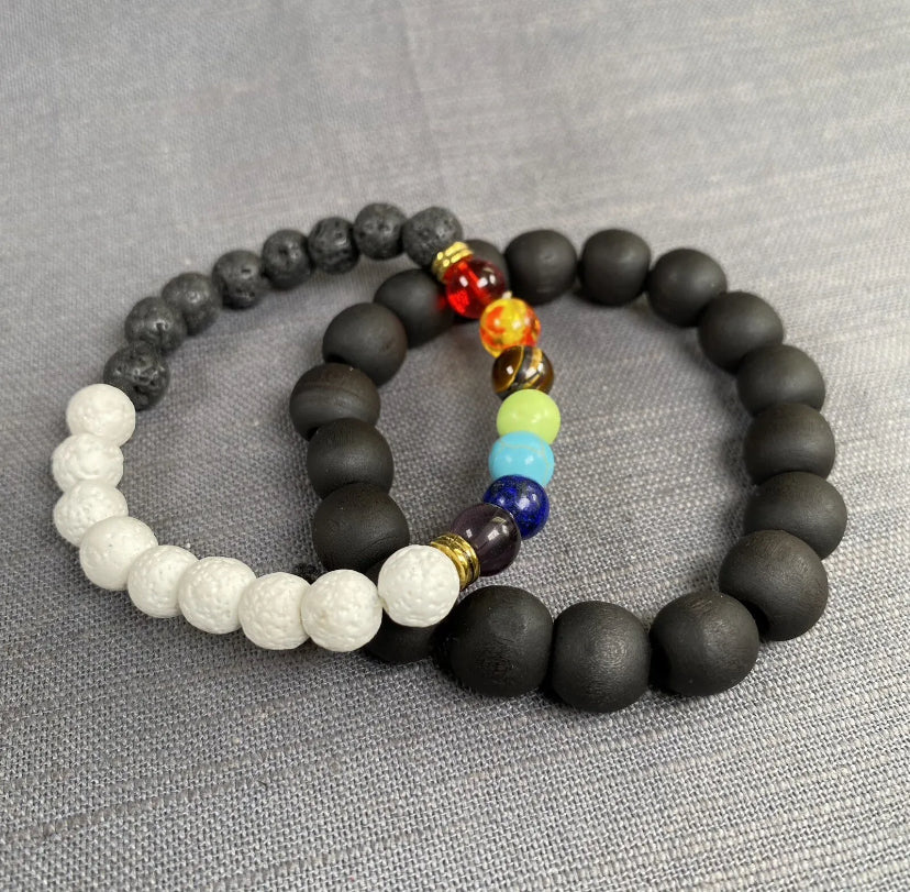 7 Chakra Black&White Lava Stone W/Gold Elephant Charm & Blk Wooden Bracelet 2pc
