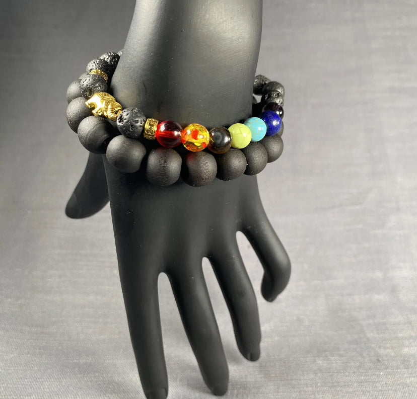 Black Lava Stone Gold Elephant 7 Chakra & Blk Wooden Bracelet Men Women 2pcSet