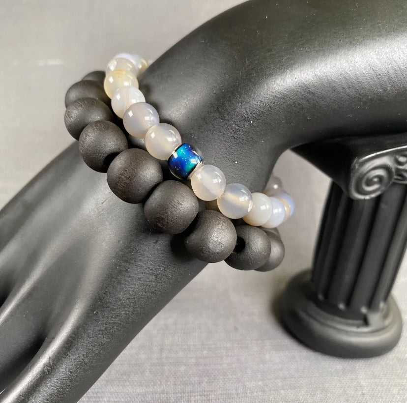 Grey Natural Stone Mood Color Changing Charm & Black Wooden Bracelet Unisex 2PC