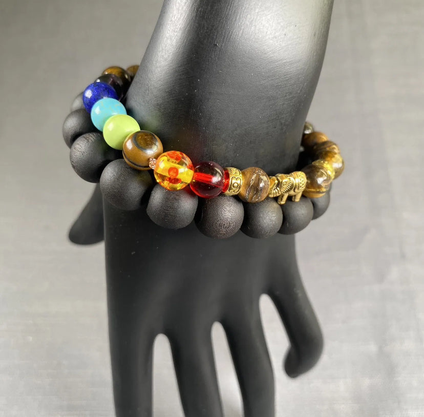 Tiger Eye Stone Gold Elephant 7 Chakra & Black Wooden Bracelet Men Women 2pc Set