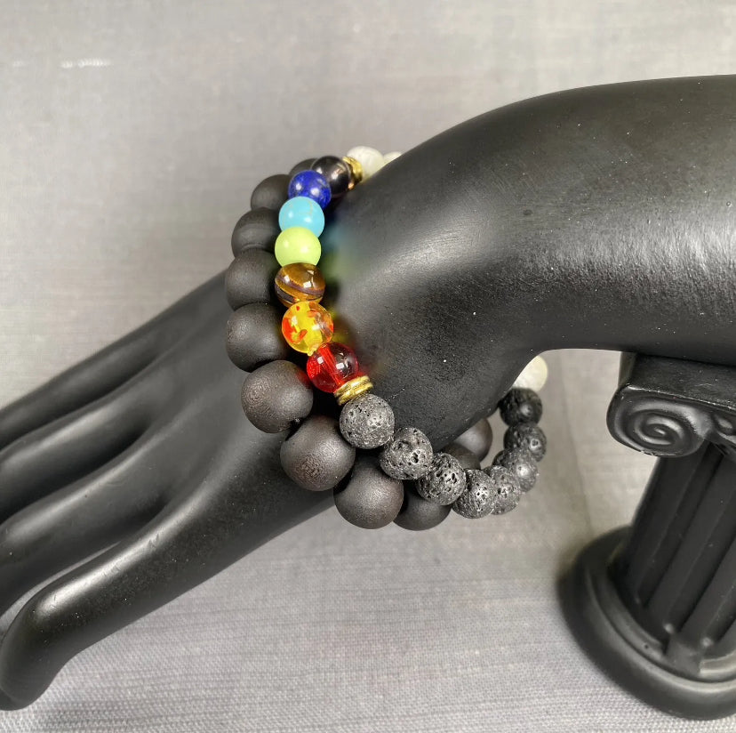 7 Chakra Black&White Lava Stone W/Gold Elephant Charm & Blk Wooden Bracelet 2pc