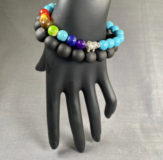 Turquoise Stone Seven Chakra & Black Wooden Bead Bracelet Unisex 2PC Set