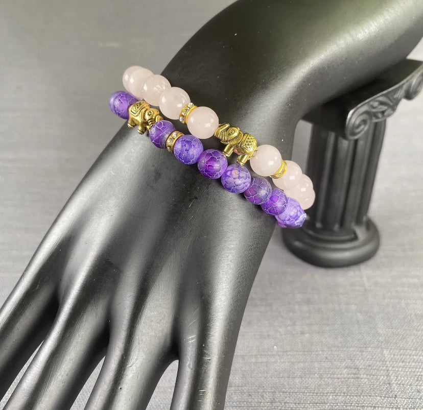 Pink & Purple Natural Stone w/Gold Elephant Charms Bracelet Men Women 2pc Set