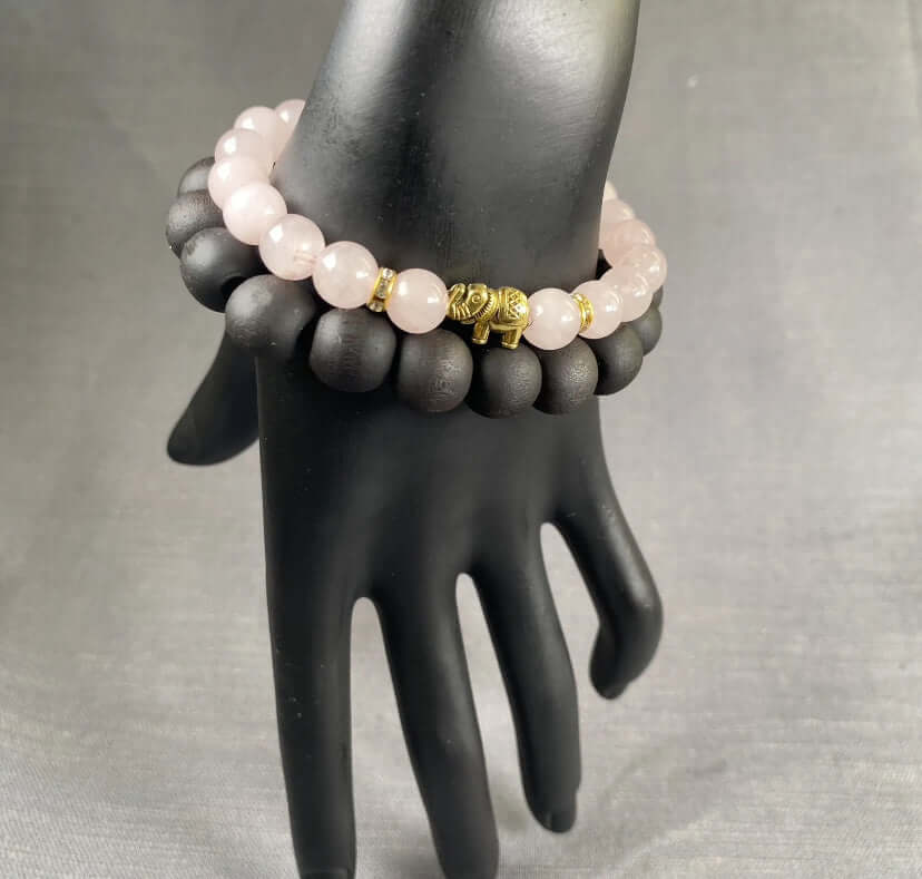 2PC Pink Natural Stone Gold Elephant Charm & Black Wooden Bead Bracelet Unisex