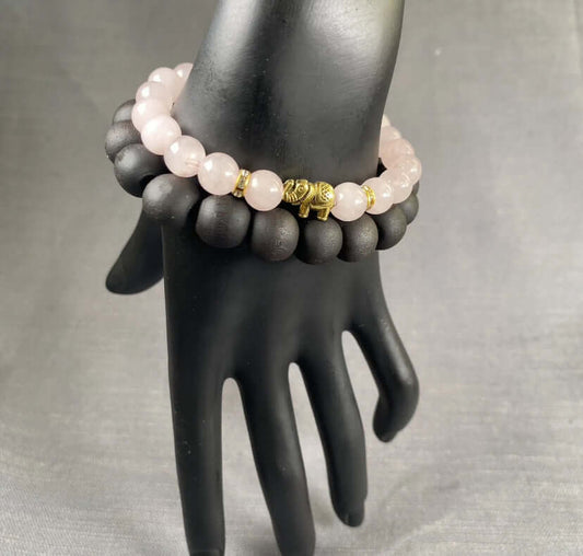 2PC Pink Natural Stone Gold Elephant Charm & Black Wooden Bead Bracelet Unisex