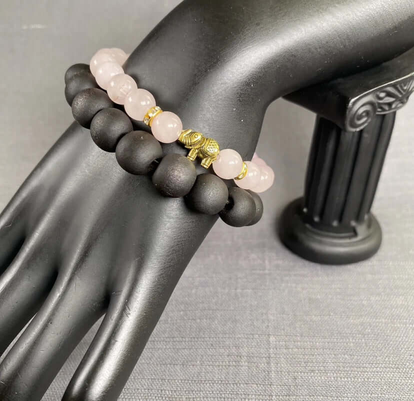 2PC Pink Natural Stone Gold Elephant Charm & Black Wooden Bead Bracelet Unisex