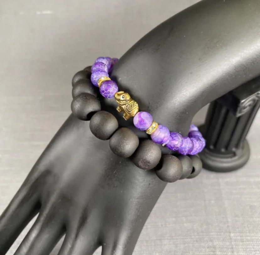 Purple Stone Gold Elephant Charm Black Wooden Bead bracelet Men Women 2pc Set