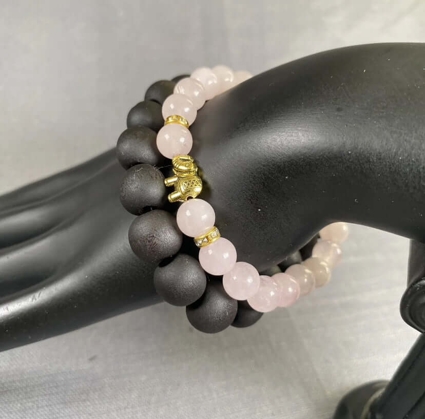 2PC Pink Natural Stone Gold Elephant Charm & Black Wooden Bead Bracelet Unisex