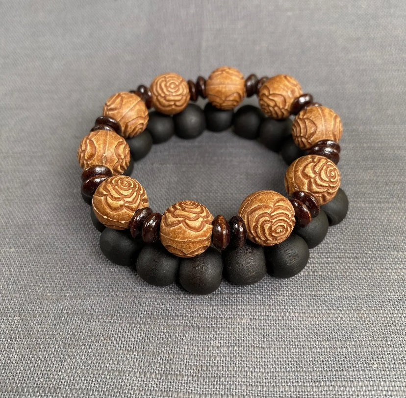 Wooden Lotus Flower & Black Ball Bracelet Simple Handmade Bracelet Men Women 2pc Set