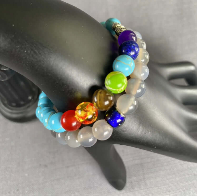 2PC Grey Stone Mood Color Change Charm and 7 Chakra Turquoise Stone Elephant Charm