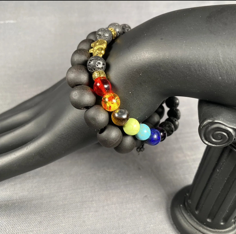 Black Lava Stone Gold Elephant 7 Chakra & Blk Wooden Bracelet Men Women 2pcSet