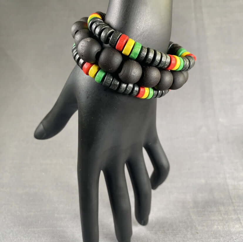 2 Rasta & 1 Black Wooden Stretchable Handmade Bracelet Men Women Unisex  3pc Set