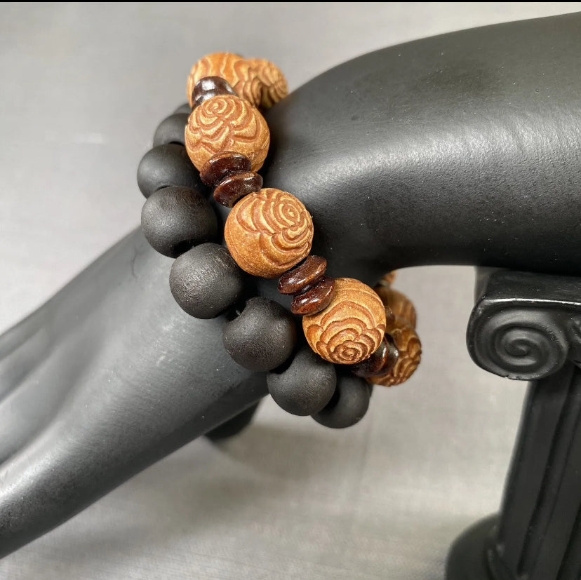 Wooden Lotus Flower & Black Ball Bracelet Simple Handmade Bracelet Men Women 2pc Set