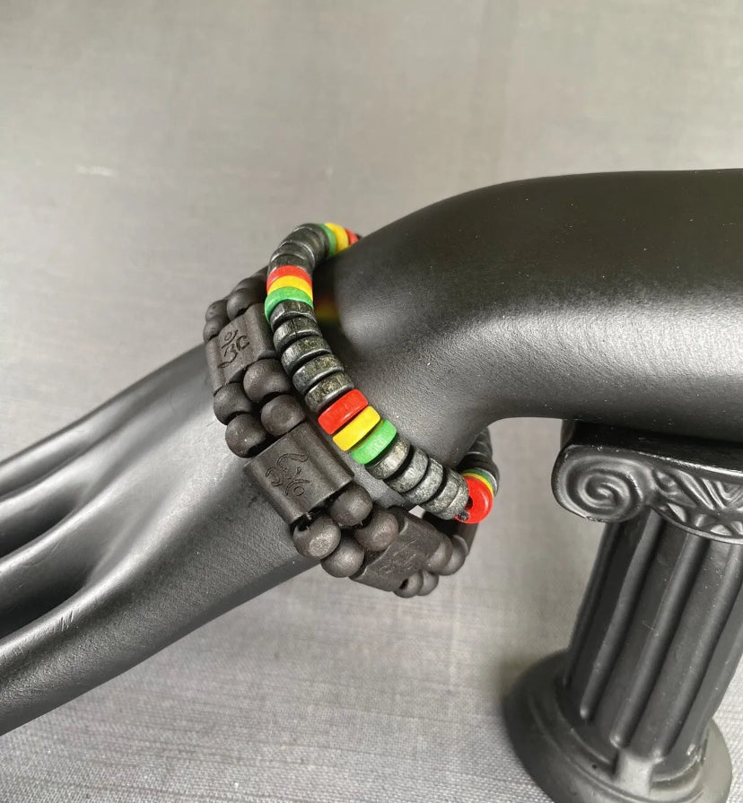 OM Mantra Black Wooden 2-Row & Rasta Wooden Bead Bracelet Men Women Yoga 2PC Set