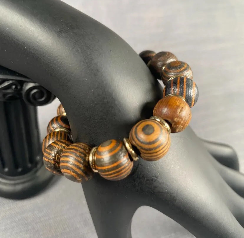 Tiger Eye Amber Wood With Gold Spacer & 2Row OM Mantra Black Wooden Bracelet 2PC